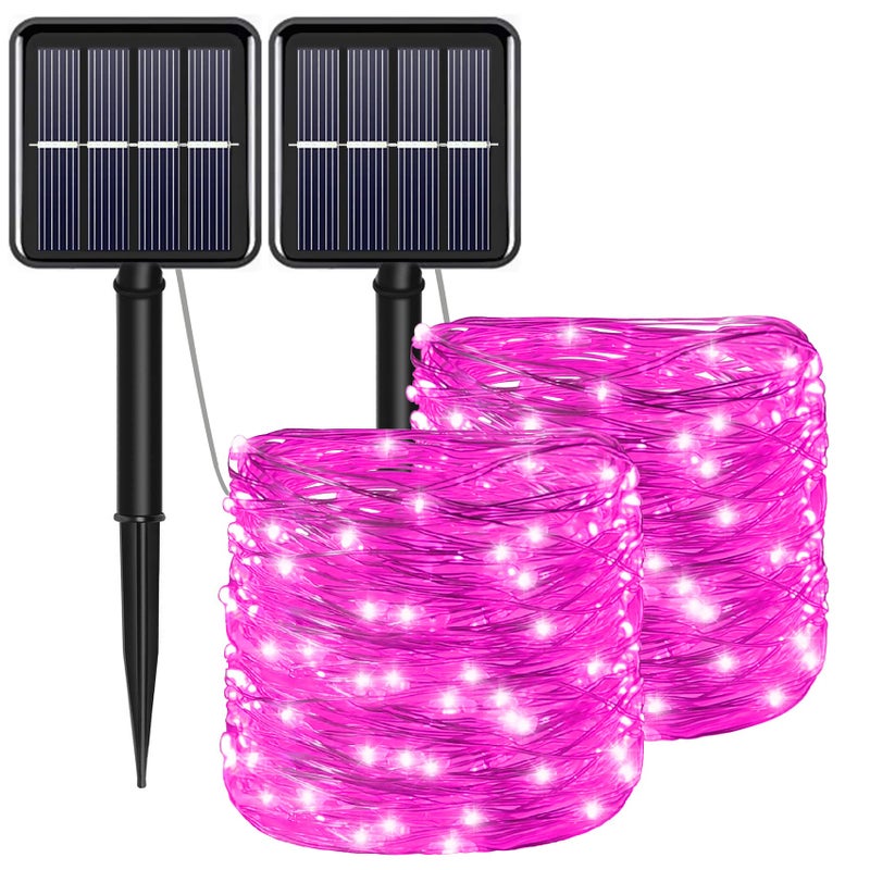 YAOZHOU Solar Christmas String Lights Pink Outdoor Waterproof 100 LEDï¼ˆ2 Packï¼‰ 8 Modes Copper String Lights Fairy Lights for Valentines Day Garden, Patio, Fence, Balcony, Outdoors(Pink 2pcs - Image 1
